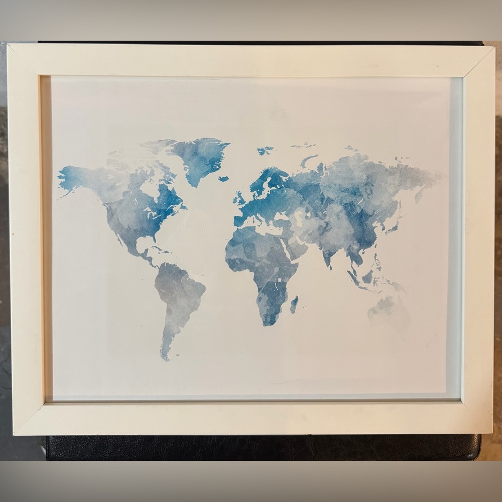 Framed World Map Wall Art – Blue Watercolor Style